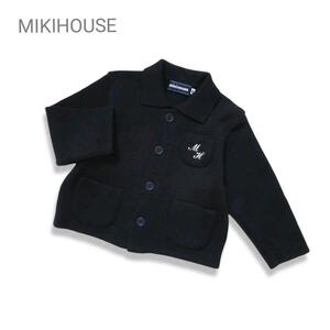 美品 ミキハウス MIKIHOUSE 80 ニットカーディガン ネイビーブラック かわいい 男の子 上品 ブランド ロゴ 刺繍 ポケット トップス