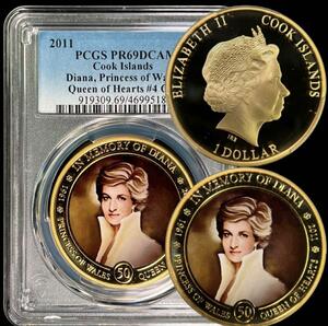 最高鑑定白いスーツの美しいダイアナ妃世界で1枚のみ2011年PCGS PR69 -トップポップハートの女王No.4クック諸島 アンティークコイン モダン