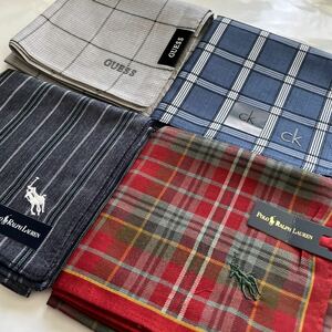 未使用　送料込　素敵なメンズに　ハンカチ4枚　ブランドハンカチ　POLO RALPH LAUREN ポロラルフローレン　GUESS カルバン・クライン