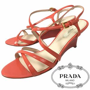 k144 PRADA プラダ エナメル サンダル ウェッジソール オレンジ パテントレザー 37.5.イタリア製 正規品