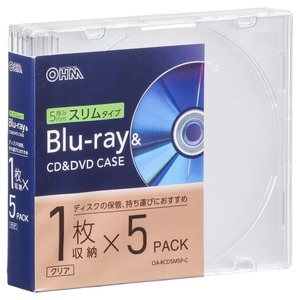 Blu-ray＆CD＆DVDケース 厚み5mmスリムタイプ 1枚収納×5個パック クリア｜OA-RCD5M5P-C 01-7213 オーム電機