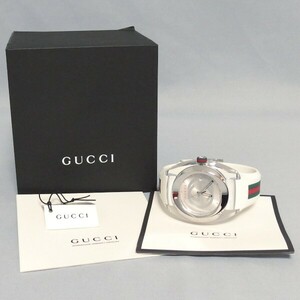 美品★GUCCI SYNC YA137102A ホワイト クリア シェリーライン Gロゴ プラケース ラバー クォーツ メンズ 腕時計 137.1 シンク グッチ★