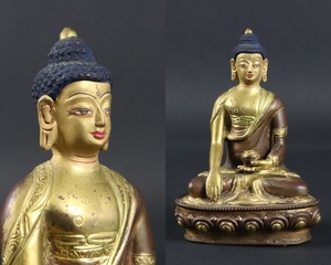 中国古玩 銅製 鍍金 彩色 チベット仏 仏教美術 薬師如来 唐物 密教 時代物 細密細工 古美術品[b330]
