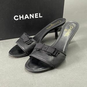 ◯k7 CHANEL シャネル リボンレザーヒールサンダル ココマーク イタリア製 38 1/2《24.5cm相当》 ブラック レザー