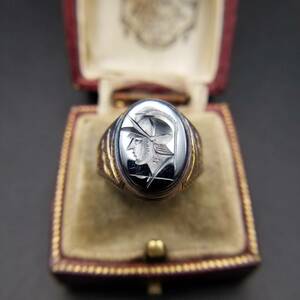 シグネット 騎士 エッジング 彫金 インタリオ オーバル ヘマタイト 存在感 975スターリング ヴィンテージ シルバー リング 指輪 Y14-W