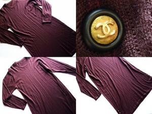 25万美品94年ヴィンテージシャネルロングニットワンピースボルドー茶系カシミヤシルクCHANELvintageCCロゴボタンゴールドトップススカート