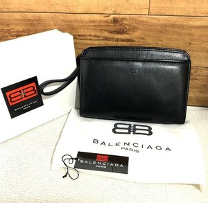 C24★未使用 BALENCIAGA バレンシアガ クラッチバッグ セカンドバッグ BB ロゴ型押し/裏地ストライプ/革 レザー/黒 ブラック