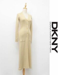 D336/美品 DKNY ロングニットカーディガン 羽織 前開き リブニット ストレッチ ウール P S ベージュ