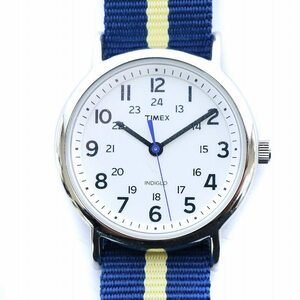 タイメックス TIMEX INDIGLO インディグロ 腕時計 ウォッチ アナログ クォーツ 3針 ライン 文字盤白 ホワイト 紺 ネイビー 黄