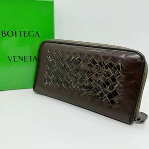 【希少】美品 Bottega Veneta ボッテガヴェネタ 長財布　ラウンドファスナー クロコダイル リアルクロコ 鰐革 切り替え ブラウン 茶色