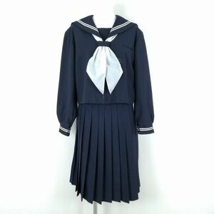 1円 セーラー服 スカート スカーフ 上下3点セット 大きいサイズ 冬物 白2本線 女子 学生服 中学 高校 紺 制服 中古 ランクC NA4299