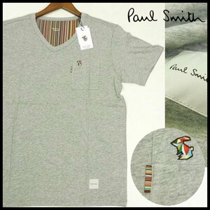 新品 即決 ポールスミス Vネック Ｔシャツ マルチラビット刺繍 L グレー マルチストライプ 半袖カットソー Paul Smith メンズ 【2448】