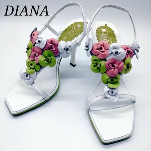 ダイアナ DIANA サンダル 22.0cm フラワーモチーフ 花柄装飾 オープントゥ ストラップ マルチカラー ホワイト グリーン ピンク 白色 緑色