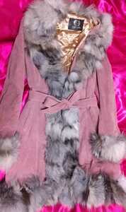 新品フォックスファー毛皮付きスエード革のロングコート☆cocon Japanのリアル毛皮付きスエード革ロングコート