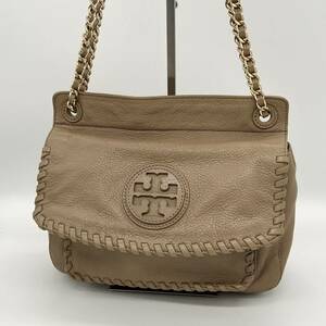 【良品】Tory Burch トリーバーチ マリオン フラップ ポシェット ショルダーバッグ 斜め掛け 金チェーン シンプル ベージュ CJ000407