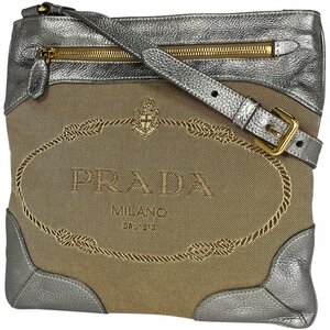 プラダ PRADA ロゴ ジャガード ショルダーバッグ 肩掛け 斜め掛け ショルダーバッグ キャンバス ベージュ シルバー レディース 【中古】