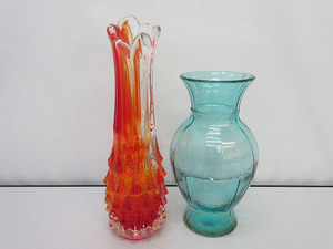 ★sm0736　ガラス　花瓶　2点セット　赤　ライトブルー　グラデーション　ガラス瓶　フラワーベース　花びん　花器　インテリア 昭和レトロ