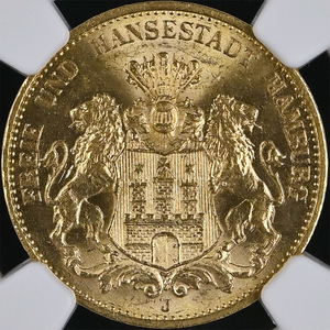 ★高鑑定 MS64 ハンブルク 紋章★ 1913年J ドイツ 自由ハンザ都市 20マルク 金貨（NGC,PCGSアンティークコイン）
