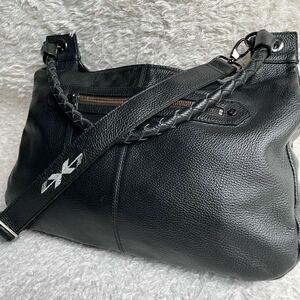 美品◎2way『LANVIN en Bleu/ランバンオンブルー』シボ革 ブラック 黒 レザー ショルダーバッグ 肩掛け イントレチャートハンドル メンズ