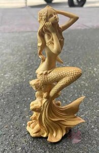 人気新品★黄楊木彫り人魚姫置物実木彫刻