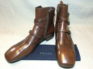 新品 プラダ コレクション ベルト レザー ブーツ 10 茶 シューズ 革靴 PRADA ブラウン