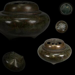 D0528 時代香炉 銅製 三足 透かし彫り寿字紋火舍 香道具 茶道具 置物 時代物 在銘 重288g
