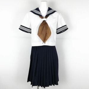 1円 セーラー服 スカート スカーフ 上下3点セット 夏物 白3本線 女子 学生服 香川明善高校 白 制服 中古 ランクC NA1323