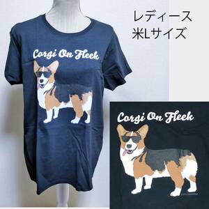 【海外限定】ウェルシュコーギー 半袖 丸首 Tシャツ 犬 米Lサイズ 黒