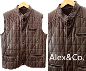 上質 羊革/イタリア製/Alex&Co./ラムレザー キルティング ベスト/ブラウン/size54(XLsize)/ジレ ジャケット