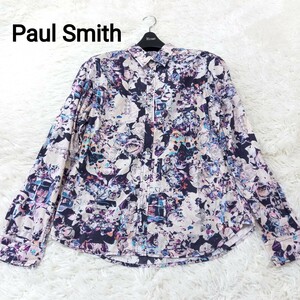 【希少】 Paul Smith ポールスミス 長袖 シャツ 花柄 総柄 トップス マルチカラー ドレス ネガ デザインアート 個性的 M 紫 パープル 青