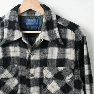 60s70s ビンテージ Pendleton ペンドルトン ウール オープンカラーシャツ L ボードシャツ 黒灰茶 ブラック