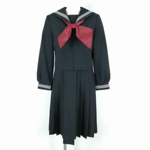 1円 セーラー服 ジャンパースカート スカーフ 上下3点セット カンコー 冬物 白3本線 女子 学生服 静岡韮山中学 黒 中古 ランクC NA1267