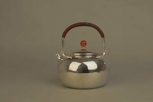  純銀保証 北村静香造 丸形 槌目打 湯沸 銀瓶 純銀製 時代物 美術品 煎茶道具