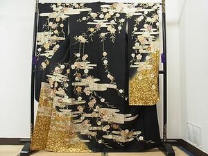 平和屋1■豪華振袖　箔散らし　エ霞吉祥花文　暈し染め　黒地　金彩　そごう扱い　逸品　CAAA1934yc