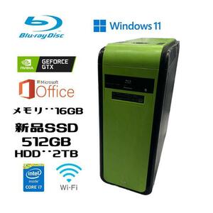 ゲーミングPC 超高速 i7(3.6Gx8)/GeForceグラボ/ブルーレイ/Wi-Fi/新品SSD512GB+大容量HDD2TB/16GBメモリ/HDMI/Windows 11/MS Office 2021 