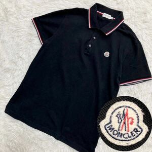 極美品 L MONCLER モンクレール ポロシャツ 半袖 ロゴワッペン マグリア ロゴボタン トリコロール 黒 ブラック メンズ 正規品