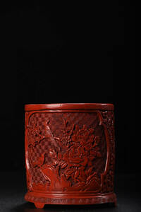 【古寶奇蔵】漆器漆彫・剔紅・花鳥紋・筆筒・置物・賞物・中国時代美術