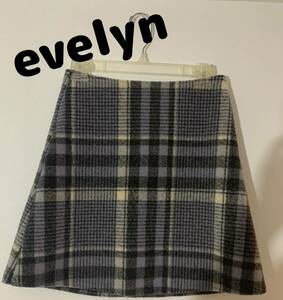 送料込　evelyn エブリン　チェック　ミニスカート　くすみブルー　アンミール　ANMILLE 台形　ウール　ブルー　Mサイズ　丈45.5〜46