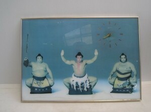 14N4.21-72　昭和レトロ　千代の富士横綱昇進披露　相撲　壁掛け写真　時計　千代の富士　朝潮　高見山　