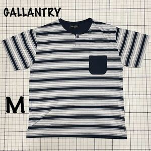 良品【GALLANTRY】一つボタン半袖シャツ パジャマ（上）？ 普段着にも胸ポケット Mサイズ ネイビー×ホワイト/紺白 美竹 デパート 百貨店？