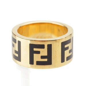 【フェンディ】Fendi　ズッカ柄 FFロゴ メタル リング 指輪 ブラック×ゴールド S 【中古】【正規品保証】202707