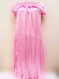 ピンク レディース パジャマ 半袖ワンピース 着丈約95cm ポリエステル スクエアネック ナイトウェア リボンルームウェア ネグリジェ 部屋着