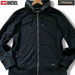 未使用級/XLサイズ●DIESEL ディーゼル デニム切替 ジップパーカー フードジャケット インディゴ ストレッチ ロゴ金具プレート