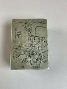 時代物 墨箱 墨盒 銅製 銅器 人物 香合 文房具 彫刻 検:中国 朝鮮 李朝 日本