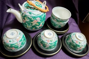 三洋陶器　あすか茶托付土瓶茶器揃　林斎　急須　湯呑5　茶托5 岐阜県　日本製　国産　未使用長期保管品　グリーン　緑　草花柄　美品