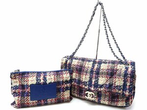 レア☆ギャラ付/シール有【ポーチ付】シャネル CHANEL ツイードプリント Wチェーン フラップ ショルダーバッグ シルバー金具 18番台