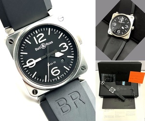 美品　国内 ギャラ付き　完備　Bell＆Ross ベル＆ロス　BR0392　ブラック スティール　アヴィエーション　自動巻き　時計　メンズ　黒