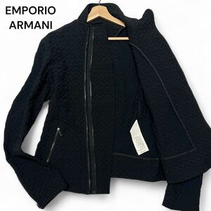 最高級◎50サイズ!!エンポリオアルマーニ【王者の風格】EMPORIO ARMANI エンボス 3D ライダース ジャケット ブラック 薄手 春夏◎メンズ