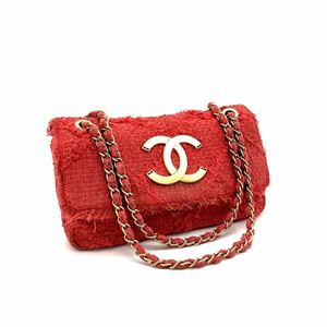 1円 良品 CHANEL シャネル デカ ココマーク マトラッセ ツイード チェーン ショルダー バッグ dD0257H