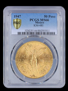 【記念貨幣】1947年メキシコ独立記念「勝利の女神」50ペソ金貨ゴールドコイン★PCGS MS66 高鑑定品★直径37mm,重41.67ｇ大型金貨 I71